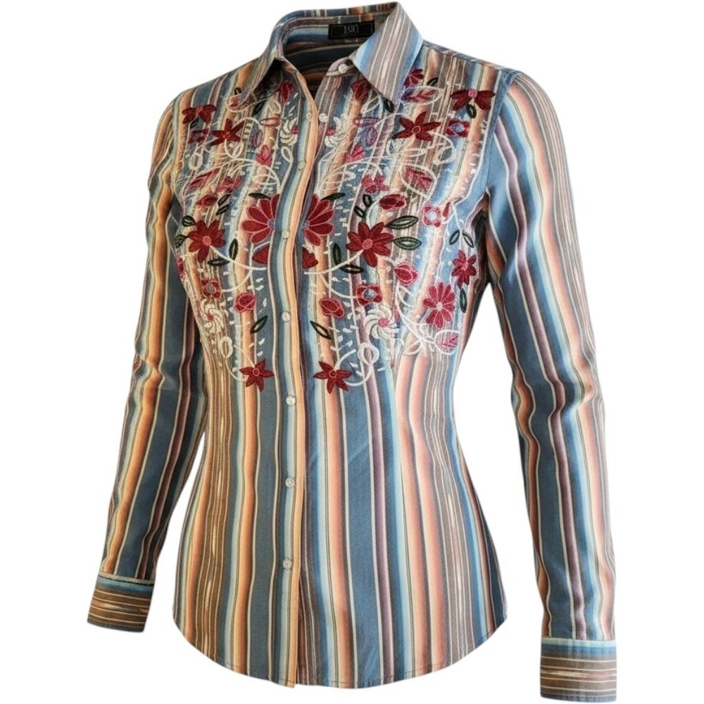 L&B LUCKY & BLESSED Pearl Snap Shirt Womens XL Floral Embroidered Stripe Western